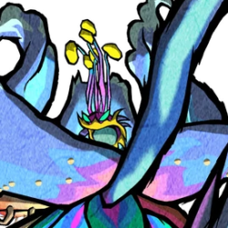 Image affichant la la tête de Karle Demos, le second bosse rencontré pendant le jeu Wind Waker. Son point faible se trouve être une Mojo Baba multicolore qui commande le reste du corps. Il possède des pétales géantes qui le recouvre et de multiples tentacules similaire à des Dexivine qui lui permettent de s'accrocher au plafond et d'attaquer l'ennemi et les faisant jaillir du sol.