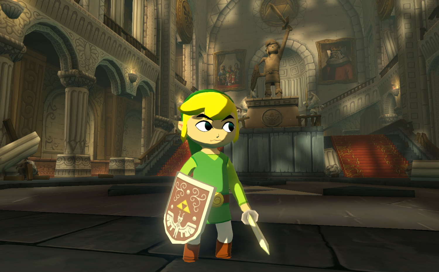 Voici une deuxième capture d'écran du jeu où Link semble légèrement confus, debout au milieu du château d'Hyrule, avec une statue d'une ancienne incarnation en arrière-plan. Le château est entièrement vide et dégage une atmosphère étrange.