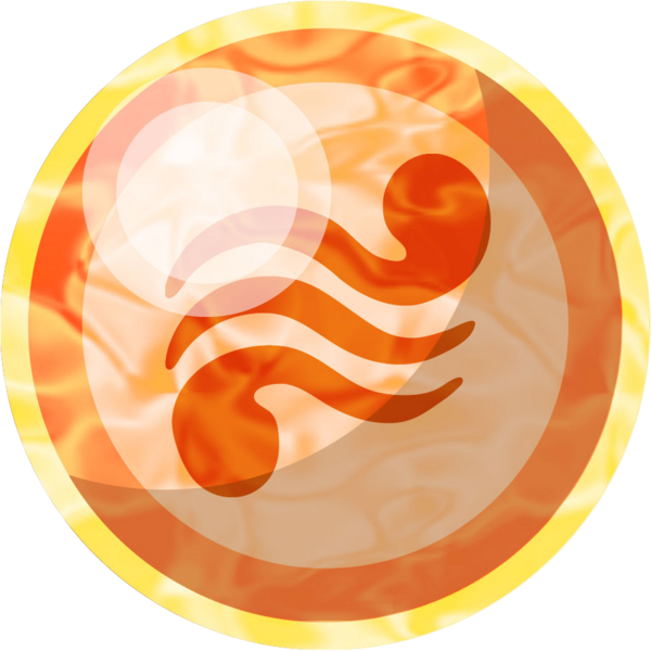 Image de la perle de la déesse Din. La perle est orange avec le symbole de Din: 3 symbole en vague. Le premier symbole vagué fini avec un rond à l'extremité droite. Le symbole vagué du milieu fini en pointes autant a gauche que a droite et le dernier symbole vagué ce termine en cercle pointant vers le bas du côté gauche.