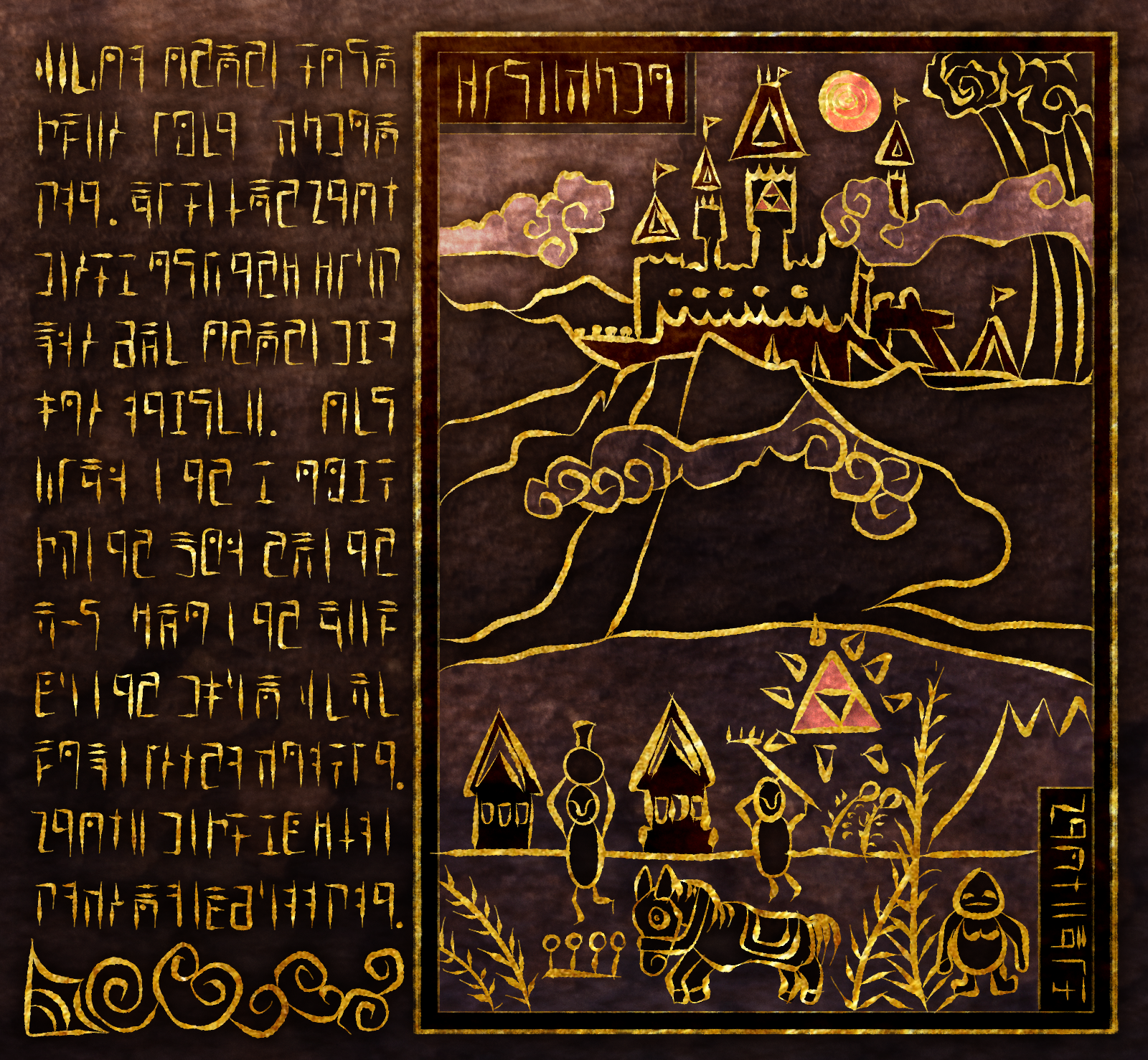 Premième image du prologue du jeu The Legend of Zelda : Wind Waker, redissiner. Sur la gauche il y a un text en hyrulien en d'oré. A droite une image montrant le château d'hyrule, un paysage de montagnes, d'arbres et de nuages. 1 des petiut personnage a une jar qu'il transporte sur sa tête, le second à un rateau pour labourer la terre, un cheval ce trouve en front de page et sur la droite du cheval il y a un troisième personnage (Goron)